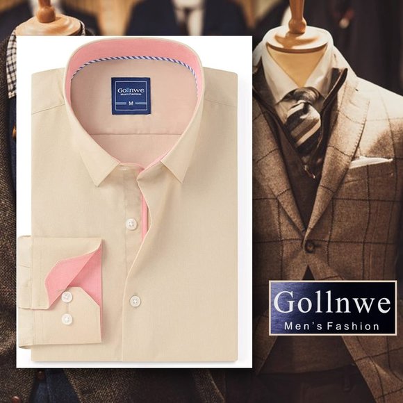GOLLNWE Long Sleeve Contrast Collar & Convertible Cuffs Dress Shirt  NEW W/TAGS! - Picture 2 of 12